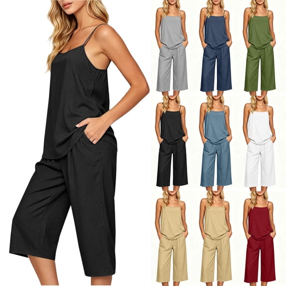 Mifsaly Capri Sets Women 2 Piece Outfits Spaghetti Strap Camisole and High Waisted Cropped Pants with Pockets Lightweight Casual Beach Vacation Matching Clothes Black,XXL