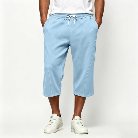 Mifsaly Capri Sweatpants for Men Drawstring Elastic Waist Lounge Capris Front Seam Comfortable Casual Relaxed Fit Workout Everyday Outfits with Pockets Light Blue,S