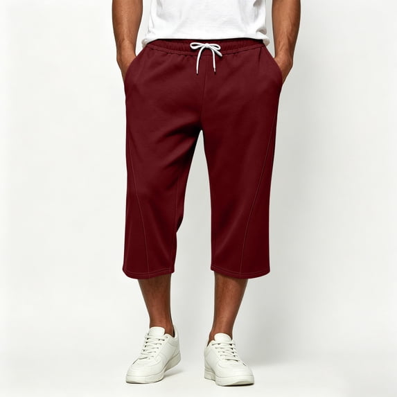 Mifsaly Capri Sweatpants for Men Drawstring Elastic Waist Lounge Capris Front Seam Comfortable Casual Relaxed Fit Workout Everyday Outfits with Pockets Wine,S