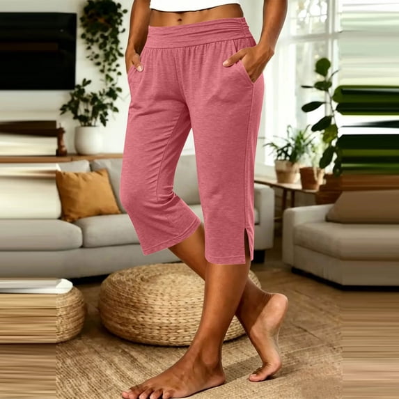 Mifsaly Capri Sweatpants for Women High Waist Capris Comfy Lightweight Loose Fit Workout Yoga Lounge Cropped Trousers with Pockets Pink,XL