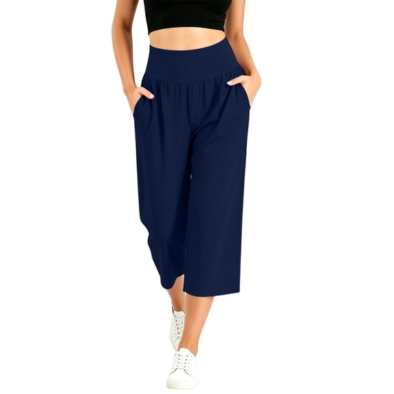 Mifsaly Capri Sweatpants for Women High Waisted Wide Leg Culottes with Pockets Lightweight Loose Fit Casual Lounge Cropped Trousers Navy,XXXL