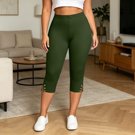 Mifsaly Capris Pants for Women Plus Size High Waisted Yoga Capris Side Slit Hem Workout Running Stretchy Cropped Leggings Army Green,XXL
