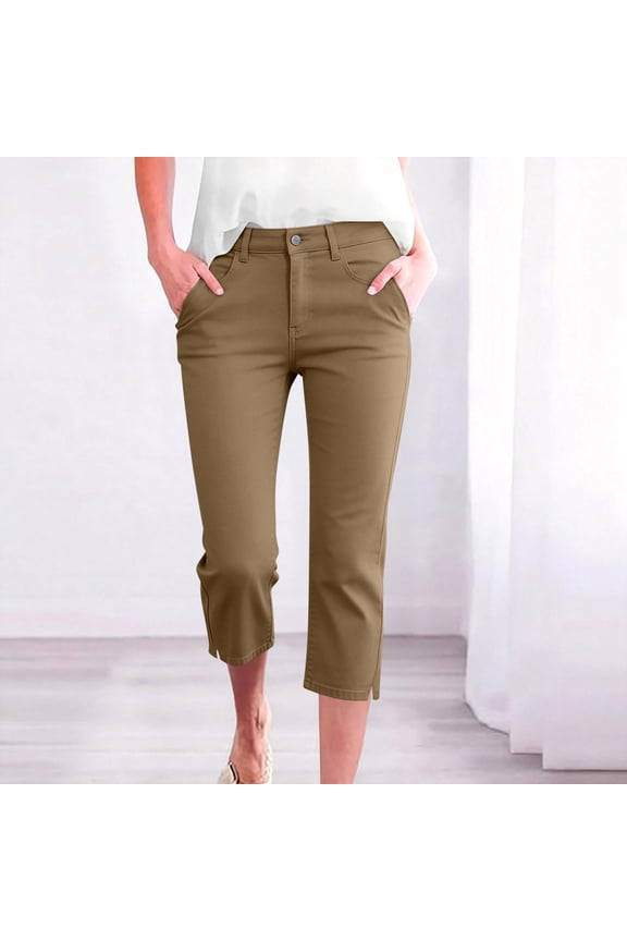 Capris Pants for Women Stretch High Waisted Straight Leg Cropped Chino Pant with Pockets M