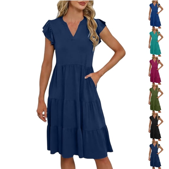 Mifsaly Casual Summer Dresses for Women V-Neck Cap Sleeve Tiered Midi Dress Flowy Comfortable Everyday Vacation Sundress 2026 XL