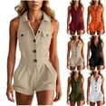 thumbnail image 1 of Mifsaly Casual Women's Rompers Sleeveless Button Down Lapel Collar Short Jumpsuit Slim Fit Summer Fashion One Piece Outfits with Cargo Pockets Beige,M, 1 of 6