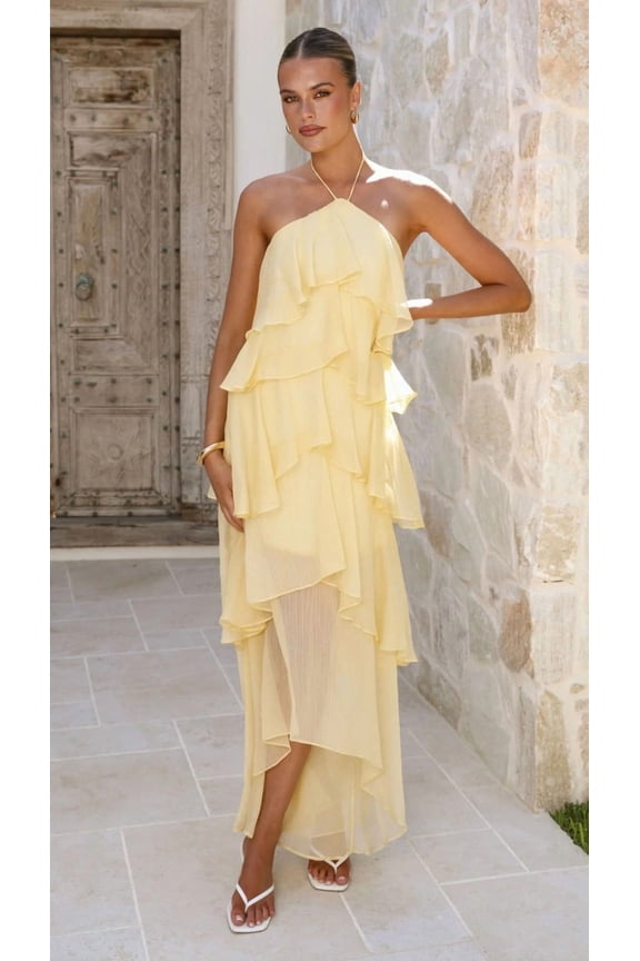 Chiffon Dresses for Women Halter Neck Layered Ruffle A Line Maxi Backless Dress Asymmetrical Hem Flowy Summer Vacation Sundress S