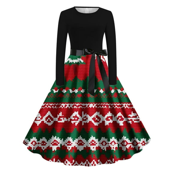 Mifsaly Christmas Dresses for Women 2025 Xmas Snowflake Print Elegant Cocktail Dress Crewneck Long Sleeve Vintage Evening Gowns Festival Party Wedding Guest Outfits