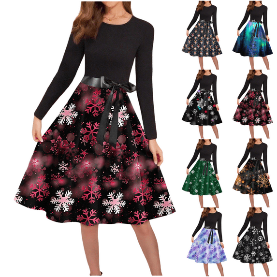 Mifsaly Christmas Dresses for Women 2025 Xmas Snowflake Print Long Sleeve Vintage Cocktail Dress Crewneck Tunic Elegant Evening Gown Wedding Guest Festival Party formal Outfits Holiday Funny Gifts