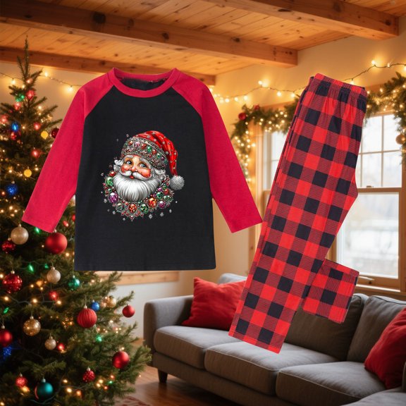 Mifsaly Christmas Family Pajamas Matching Sets 2025 Xmas Santa Print Raglan Long Sleeve Sleepwear Merry Bright Crewneck Patchwork Nightwear Plaid Long Pants with Pockets Festival Party Funny Outfits