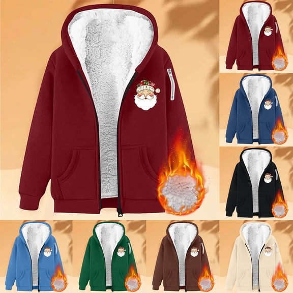Mifsaly Christmas Fleece Lined Jacket Women Plus Size Full Zip Xmas Santa Sherpa Hooded Warm Long Sleeve Hooded Sweatshirt Oversized Fashion Thermal Winter Coats with Pockets 2025 Y2K Outerwear