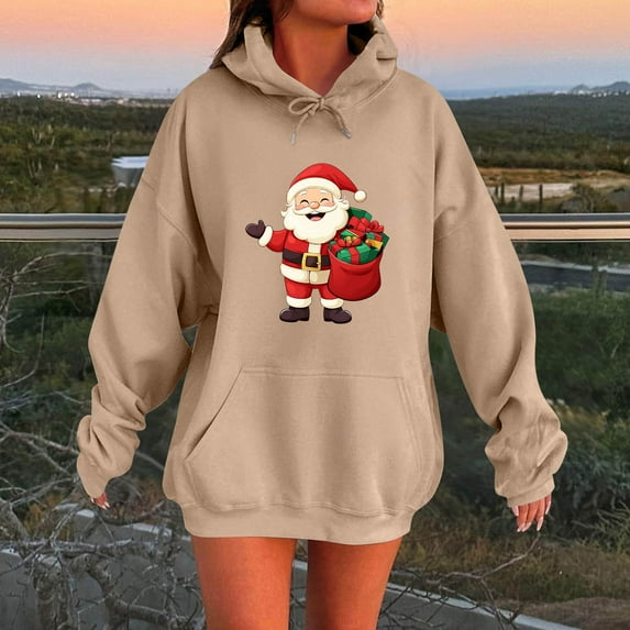 Mifsaly Christmas Hoodie for Women Oversized Christmas Santa Hooded Sweatshirt Xmas Long Sleeve Loose Pullover Tops Drop Shoulder Warm Winter Outerwear with Pocket 2025 Funny Gifts