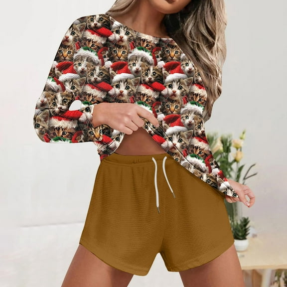 Mifsaly Christmas Pajama Sets for Women 2 Piece Pjs Xmas Tree Print Long Sleeve Pullover Sleepwear Crewneck Cozy Lightweight Nightwear Drawstring Shorts Pants 2025 Vacation Festival Matching Outfits