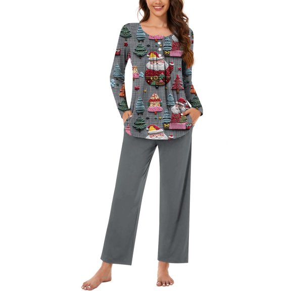 Mifsaly Christmas Pajama Sets for Women Cotton 2 Piece Xmas Trees Loose Long Sleeve Sleepwear 3 Buttons Crewneck Nightwear High Waisted Wide Leg Pants with Pockets 2025 Trendy Festival Loungewear