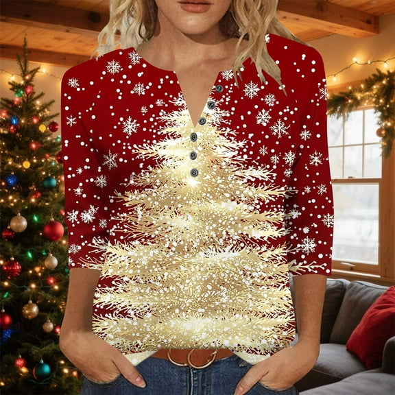 Mifsaly Christmas Shirts for Women Raglan 3/4 Sleeve Loose T-Shirts Xmas Tree Print V-Neck Tops Pullover 6 Buttons Family Party Funny Blouse 2025 Festival Costume