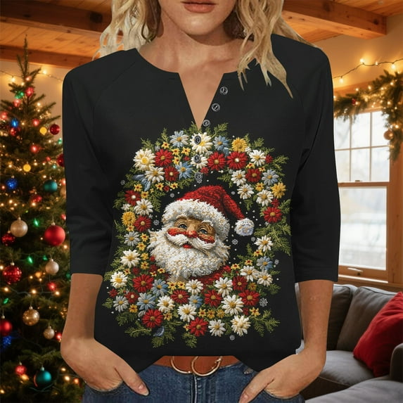 Mifsaly Christmas Shirts for Women Raglan 3/4 Sleeve Tunic T-Shirt Xmas Tree Printed 6 Buttons Funny Tops Pullover V-Neck Holiday Party Casual Blouse 2025 Festival Outfits