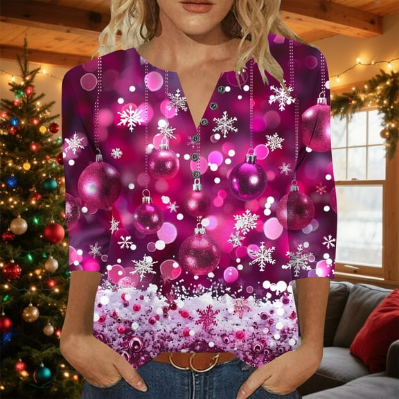 Mifsaly Christmas Shirts for Women Raglan 3/4 Sleeve Tunic T-Shirt Xmas Tree Printed 6 Buttons Funny Tops Pullover V-Neck Holiday Party Casual Blouse 2025 Festival Outfits