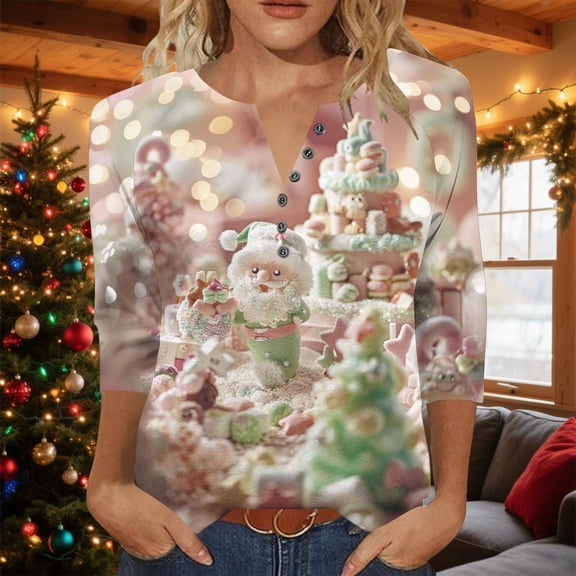 Mifsaly Christmas Shirts for Women Raglan 3/4 Sleeve Tunic T-Shirt Xmas Tree Printed 6 Buttons Funny Tops Pullover V-Neck Holiday Party Casual Blouse 2025 Festival Outfits