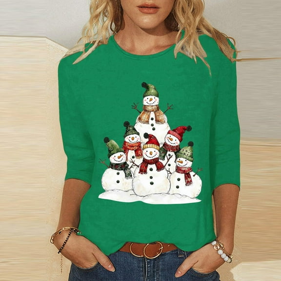 Mifsaly Christmas Shirts for Women 2025 Plus Size 3/4 Sleeve Xmas Snowmans Print T-Shirts Holiday Loose Pullover Tops Festival Party Dinner Blouse
