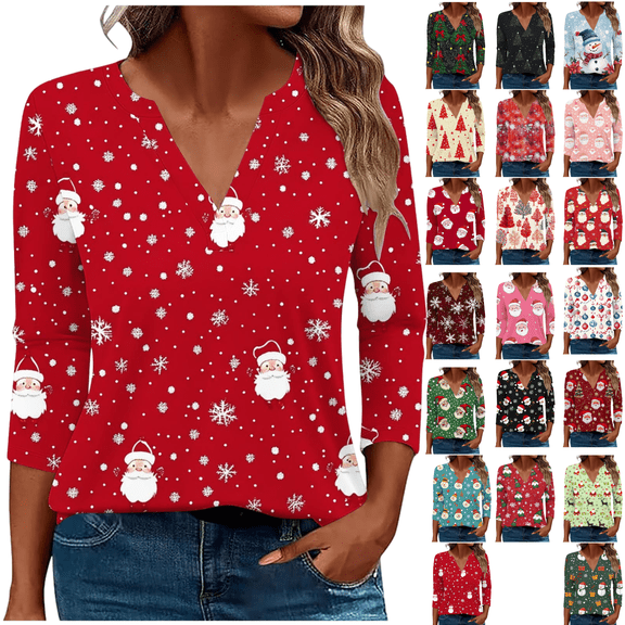 Mifsaly Christmas Shirts for Women V-Neck 3/4 Sleeve Loose Fit T-Shirts Xmas Funny Print Pullover Tops Holiday Gifts 2025 Festival Party Blouse