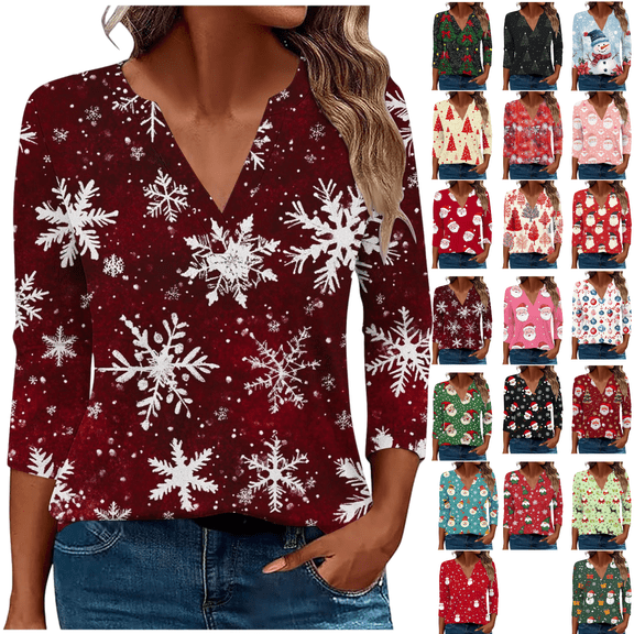 Mifsaly Christmas Shirts for Women V-Neck 3/4 Sleeve Loose Fit T-Shirts Xmas Funny Print Pullover Tops Holiday Gifts 2025 Festival Party Blouse