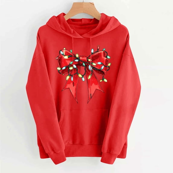 Mifsaly Christmas Sweatshirt for Women Merry and Bright Loose Hoodie Long Sleeve Drawstring Hooded Pullover Tops with Pocket Cute Bow Print Casual Shirts Festival Party Funny Blouse 2025 Gifts