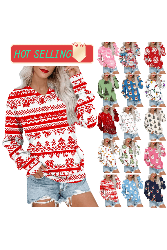 Christmas Sweatshirt Women Merry and Bright Xmas Shirt V Neck Long Sleeve Loose Pullover Tops Funny Gifts Family Festival Party T-Shirts 2025 Holiday Blouse