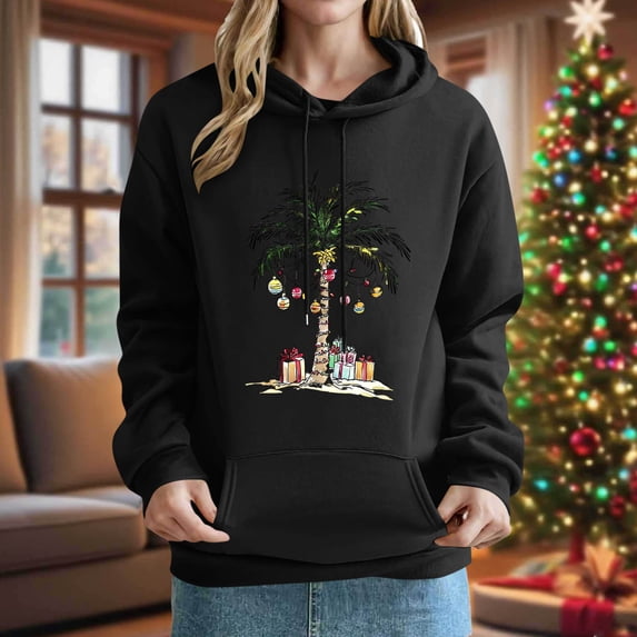 Mifsaly Christmas Sweatshirts for Women 2025 Xmas Long Sleeve Hoodie Cute Tree Printed Baggy Hooded Pullover Tops Soild Color Drop Shoulder Outerwear Festival Party Funny Outfits with Pocket