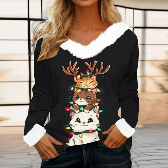 Mifsaly Christmas Sweatshirts Women V-Neck Long Sleeve Xmas Tree Shirt Faux Fur Collar and Cuff Vintage Pullover Tops Festival Fashion Streetwear Loose Patchwork Blouse 2025 Holiday Clothing