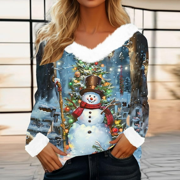 Mifsaly Christmas Sweatshirts Women V-Neck Long Sleeve Xmas Tree Shirt Faux Fur Collar and Cuff Vintage Pullover Tops Festival Fashion Streetwear Loose Patchwork Blouse 2025 Holiday Clothing