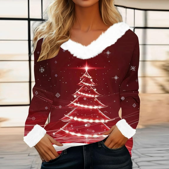 Mifsaly Christmas Sweatshirts Women V-Neck Long Sleeve Xmas Tree Shirt Faux Fur Collar and Cuff Vintage Pullover Tops Festival Fashion Streetwear Loose Patchwork Blouse 2025 Holiday Clothing