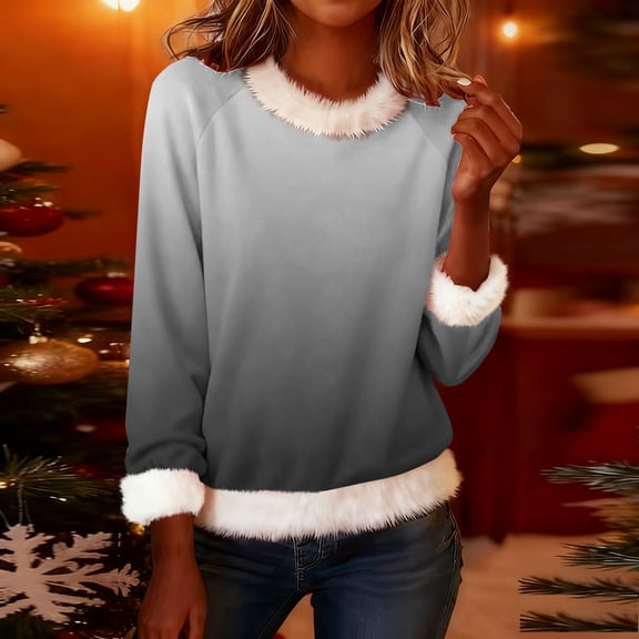 Mifsaly Christmas Tops for Women Plaid Xmas Fuzzy Cuffs & Collar Pullover Sweater Bright and Merry Holiday Long Sleeve T-Shirts Festival Party Watching Movies Blouse 2025