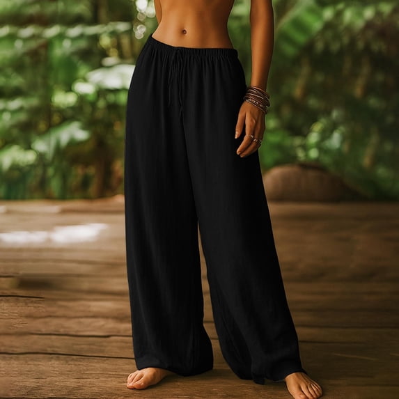 Mifsaly Comfy Linen Pants Women Loose Fit Wide Leg Casual Pant Lightweight Flowy Comfortable Summer Vacation Lounge Trousers with Pockets S
