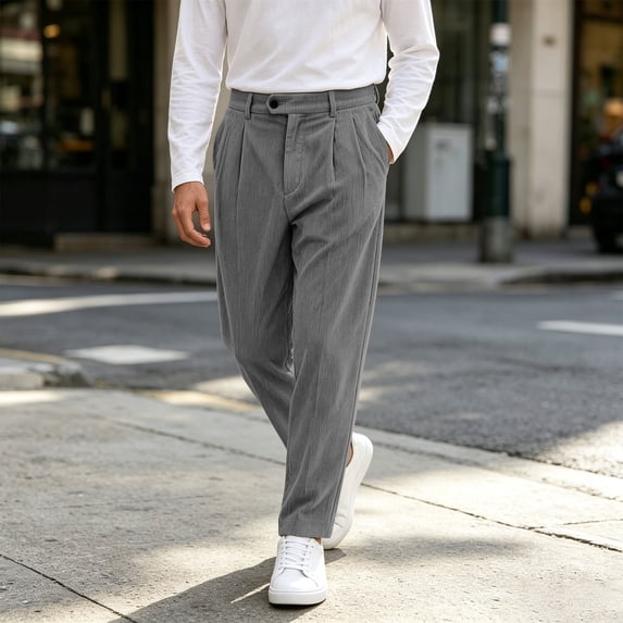 Mifsaly Corduroy Pleated Pants Men Button Front Tapered Leg Ankle ...