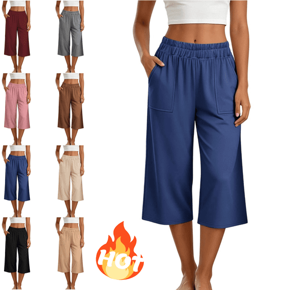 Mifsaly Cotton Capri Pants for Women High Waisted Wide Leg Capris Relaxed Fit Flowy Everyday Wear Casual Summer Culottes with Pockets Navy,M