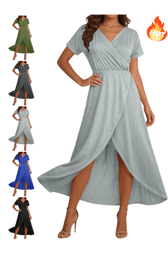 Cotton Dresses Women V-Neck Short Sleeve Midi Wrap Dress Asymmetrical Slit Flowy Elegant Wedding Guest Cocktail Gowns M