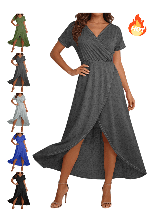 Cotton Dresses Women V-Neck Short Sleeve Midi Wrap Dress Asymmetrical Slit Flowy Elegant Wedding Guest Cocktail Gowns S