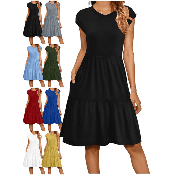 Mifsaly Cotton Dresses for Women Short Sleeve High Waist Midi Aline Dress Flowy Casual Everyday Summer Sundress M