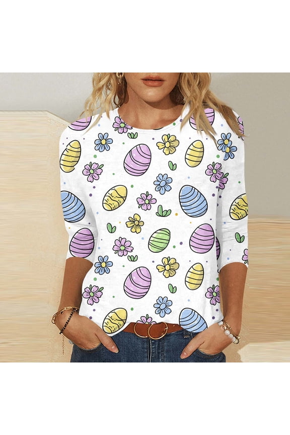 Cotton Easter Shirts for Women 3/4 Sleeve Bunny and Egg Floral T-Shirt Spring Summer Plus Size Tops Loose Casual Festival Basic Tee XL
