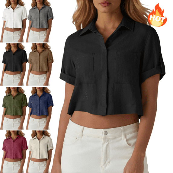 Mifsaly Cotton Linen Crop Shirt for Women Short Sleeve Button Down Shirts Lightweight Loose Casual Cropped Tops Office Work Vacation Outfits XXXL