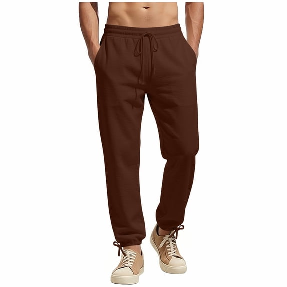 Mifsaly Cotton Linen Joggers For Men Elastic Waist Drawstring Athletic Tapered Fit Pant Gym Workout Running Training Lounge Trousers With Pockets XXL