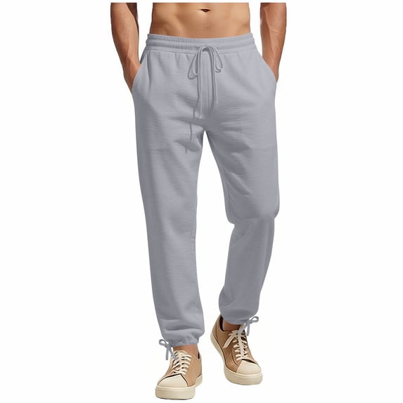 Mifsaly Cotton Linen Joggers For Men Elastic Waist Drawstring Athletic Tapered Fit Pant Gym Workout Running Training Lounge Trousers With Pockets XXL