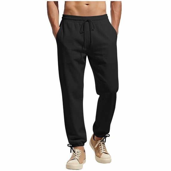 Mifsaly Cotton Linen Joggers For Men Elastic Waist Drawstring Athletic Tapered Fit Pant Gym Workout Running Training Lounge Trousers With Pockets XXL