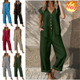 thumbnail image 1 of Mifsaly Cotton Linen Jumpsuit Women Cap Sleeve Wide Leg Overalls Button Front Comfortable Summer Jumpsuits with Pockets M, 1 of 8