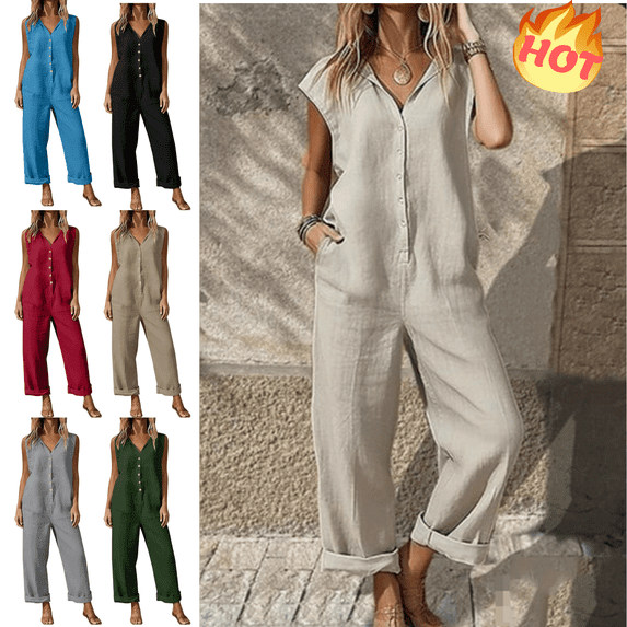 Mifsaly Cotton Linen Jumpsuit Women Cap Sleeve Wide Leg Overalls Button Front Comfortable Summer Jumpsuits with Pockets M