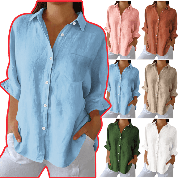 Mifsaly Cotton Linen Shirts for Women Lapel Button Down Long Sleeve Blouse Lightweight Breathable Blouse Office Dressy Casual T-Shirts Loose Fit Teacher Tops Outfits L