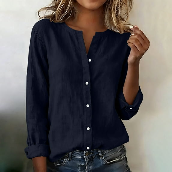 Mifsaly Cotton Linen Shirts for Women Long Sleeve Blouses Button Down Work Tshirts Lightweight Cozy Summer Vacation Blouse Fashion Dressy Casual Outfits M