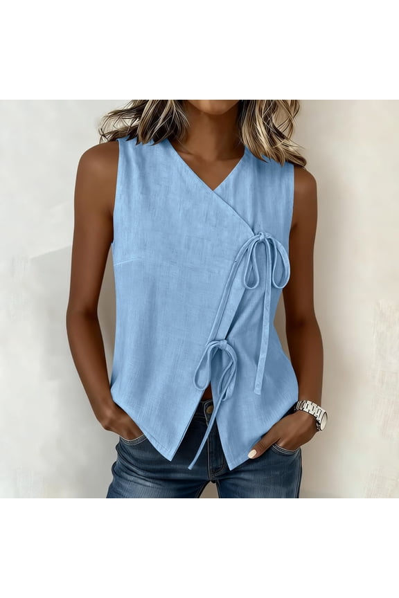 Cotton Linen Sleeveless Tops for Women Side Tie V Neck Wrap Tank Top Summer Casual Loose Fit Vest Beach Vacation Daily Wear Lightweight Textured Tunic Shirts S
