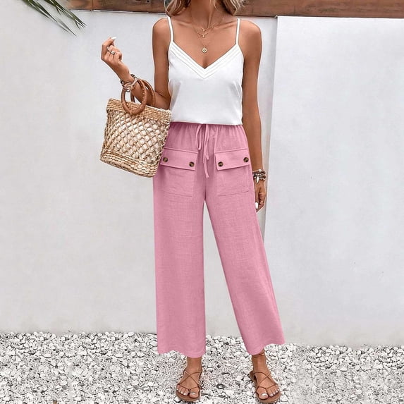 Mifsaly Cotton Linen Wide Leg Pants for Women Summer Vacation Beach Pant Drawstring Waist Loose Fit Comfortable Travel Casual Trousers with Button Flap Pockets M
