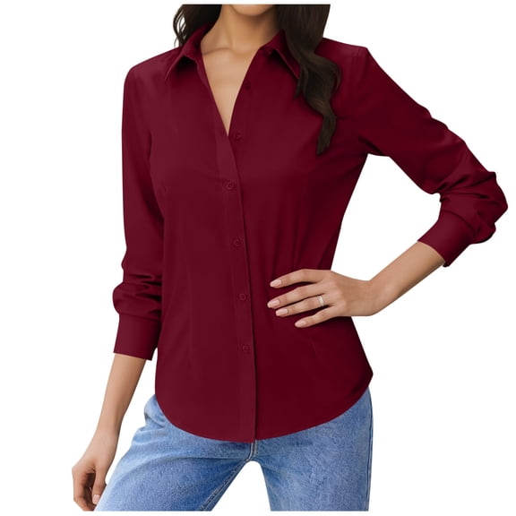 Mifsaly Cotton Long Sleeve Tops for Women Lapel Button Down Shirts Lapel Business formal Tshirts Slim Fit Elegant Blouse Fashion Fall Clothes S
