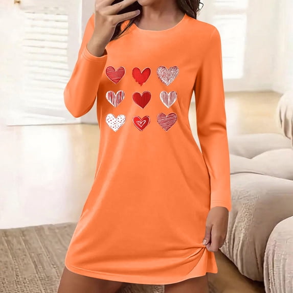 Mifsaly Cotton Nightgowns for Women Long Sleeve Heart Print Sleepwear Dress Casual Everyday Home Tshirts Dresses Breathable Summer Outfits S